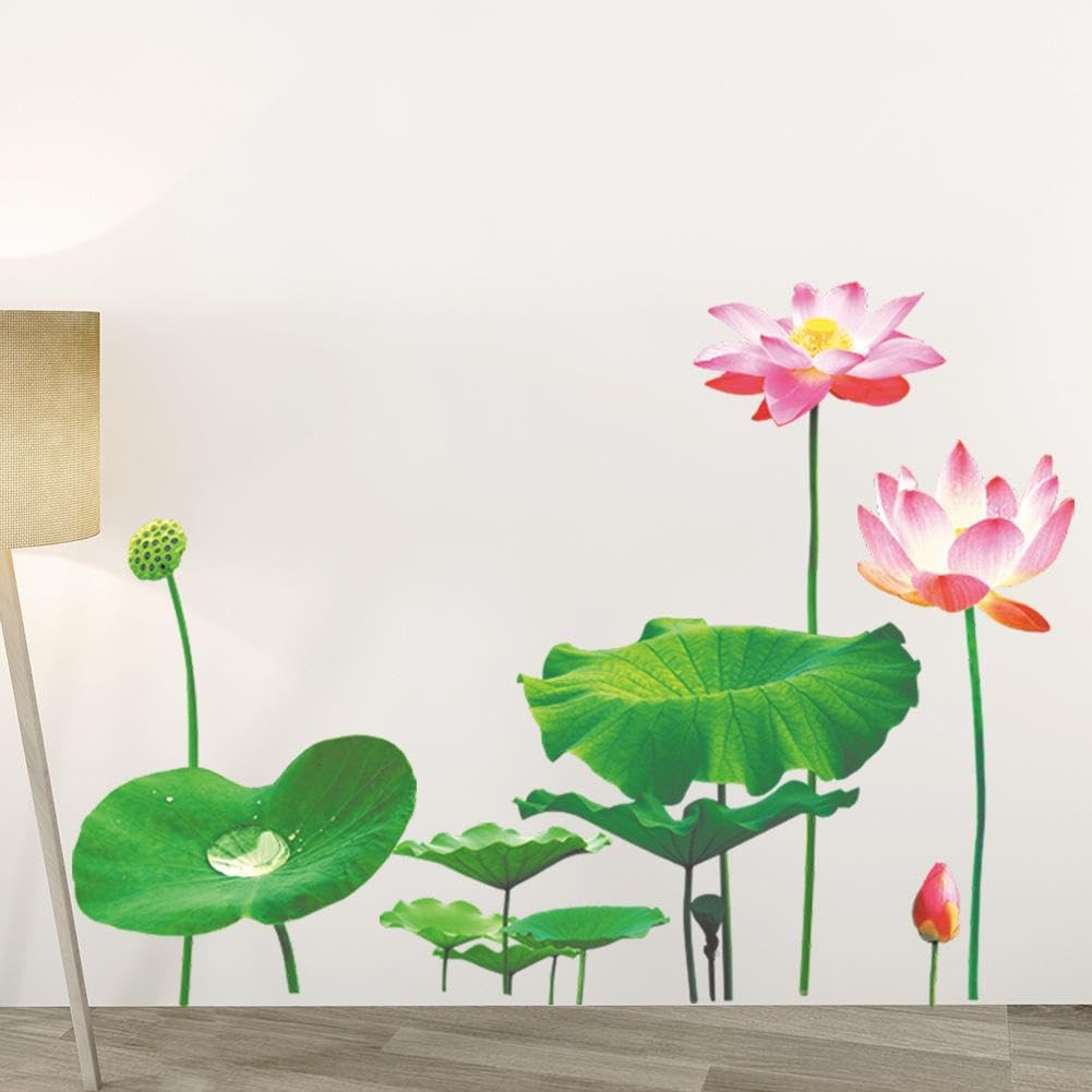 Orbica 3D Flower Wallpaper Sticker Lotus Flower Floral Wall Sticker Art Peel and Stick Self Adhesive for Living Room Bedroom Delightful Realistic Vibrant Greenish Bright Color