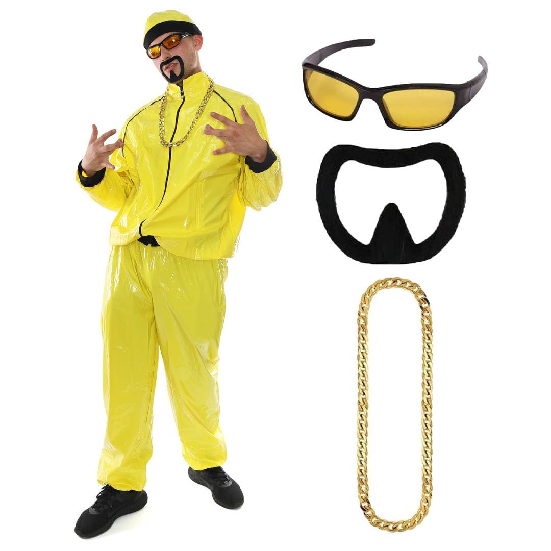 Disfraz de celebridad de los años 90, traje de concha amarilla y negra para adultos + sombrero a juego + gafas de sol + cadena dorada + percha negra - Divertido disfraz de rapero para Halloween,