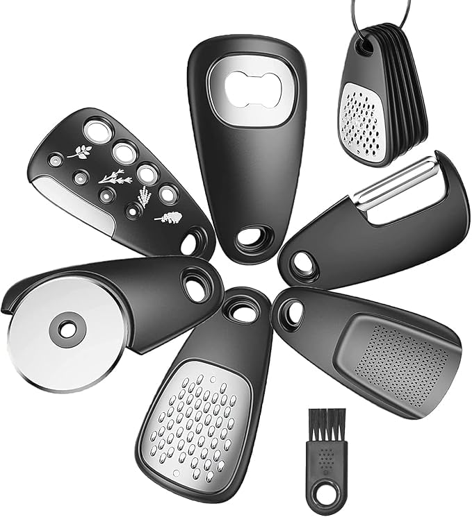 Image of Unique Kitchen Gadget, 6 Piece Set, Space Saving, Camper Must Haves,Kitchen Accessoeries, Cheese Grater, Bottle Opener, Fruit /Vegetable Peeler, Pizza Cutter, Garlic /Ginger Grinder (Black)