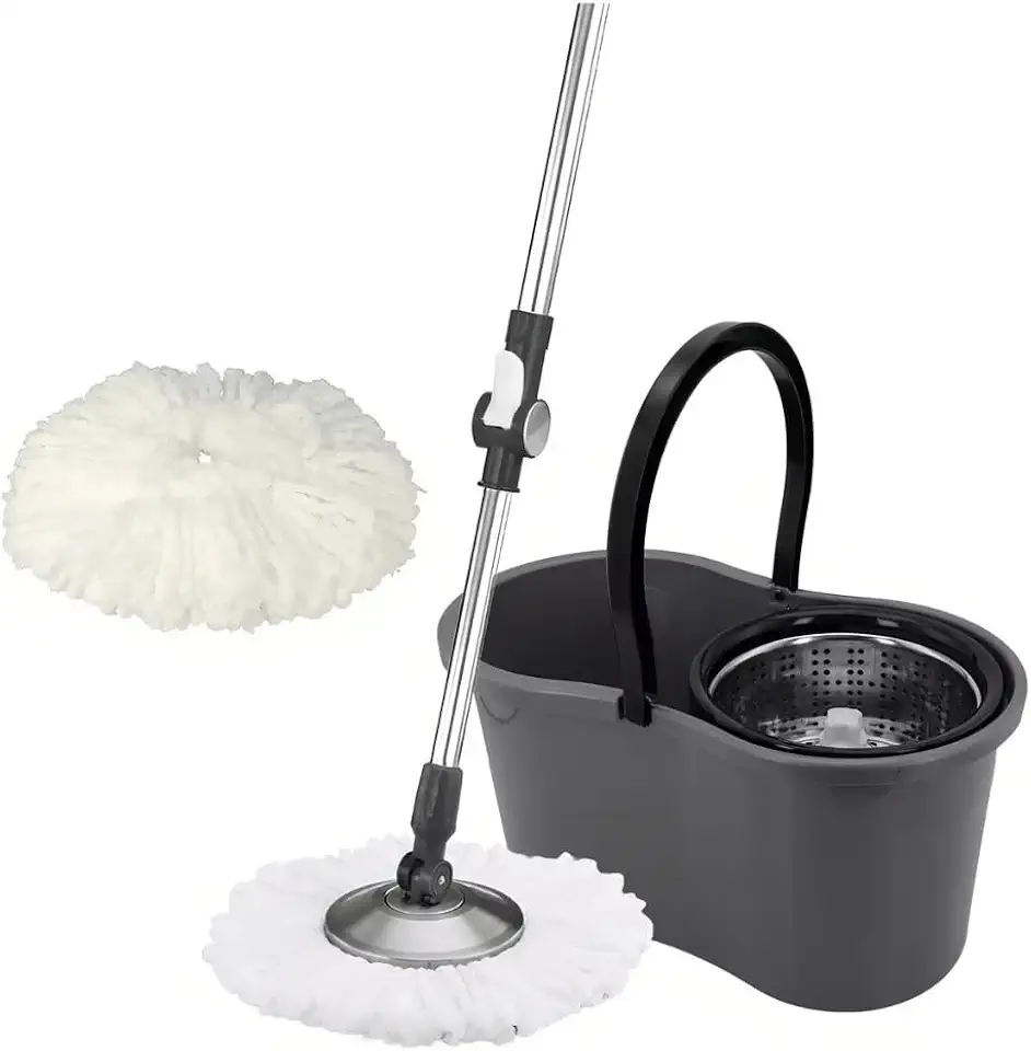 Mop com Balde Giratório com Esfregão, Sistema de Limpeza 360°, Lava e Seca, Inclui 2 Refis, Cabo Extensível, Cesto de Aço Inoxidável, Cinza - premium