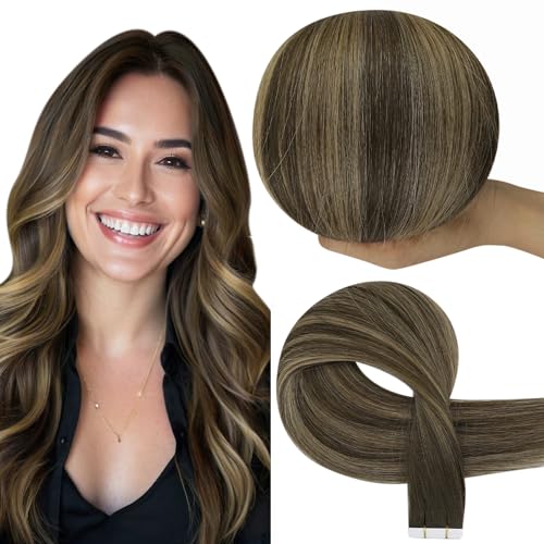 Image of Full Shine Insert Virgin Tape in Hair Extensions Color Balayage Medium Brown to Blonde and Brown 14 Inch Intact Human Hair Invisible Tape in Extensions 10Pcs 25Grams Quick Install for Office Look