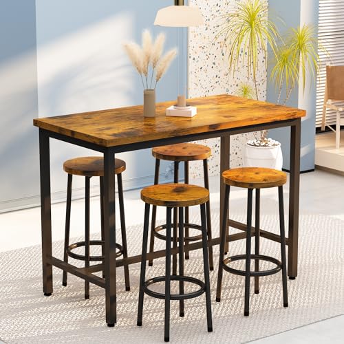 AWQM Bar Table and Chairs Set Industrial Counter Height Pub Table with 4 Chairs Bar Table Set 5 Pieces Dining Table Set Home Kitchen Breakfast Table, Rustic Brown