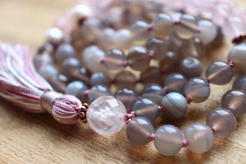 Cuentas Mala de ágata gris y cuarzo rosa, collar 108 Mala, mala anudada, collar WWG, joyería de yoga, cuentas de meditación, joyería espiritual, joyería bohemia, 34inch, Gema