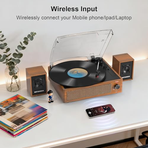 Image of Record Player with External Bookshelf Speakers Belt-Drive Vintage Turntable for Vinyl Records Passive Dual Stereo Speakers LP Players 3 Speed Wireless AUX Headphone Input Auto Stop Retro Brown Wooden