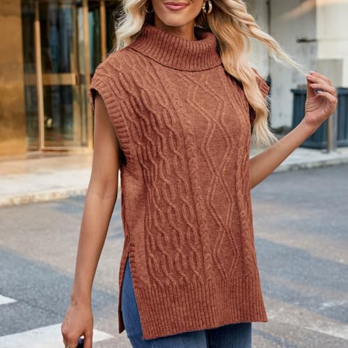 Image of Blostirno Women's Turtleneck Sweater Vest Sleeveless Ribbed Solid Knitted Pullover Sweaters Tops