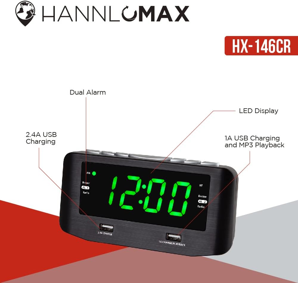 Diagram highlighting features of HANNLOMAX HX-146CR: Dual Alarm, LED Display, 2.4A USB Charging, 1A USB Charging and MP3 Playback.