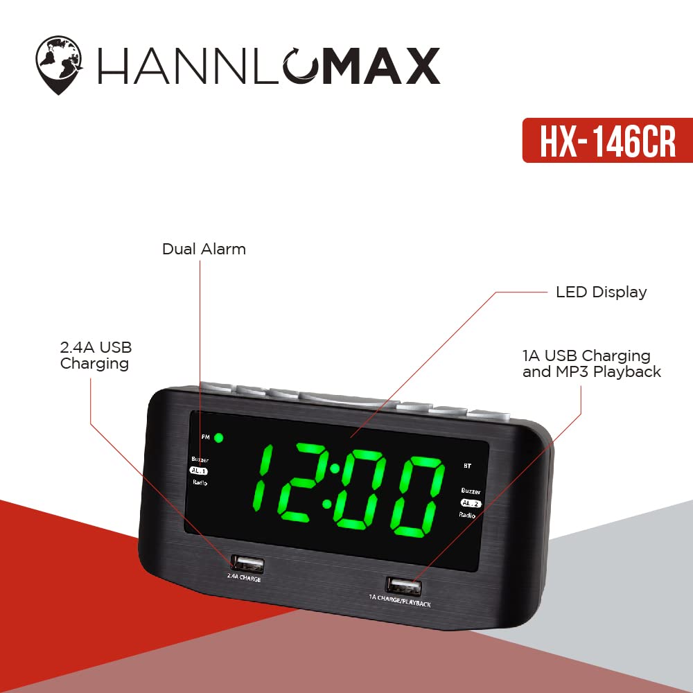 HANNLOMAX HX-146CR - Radio despertador PLL, radio FM, alarma dual, pantalla LED verde de 1.2 pulgadas, Bluetooth, 1 puerto USB para carga de 2.4 A y 1 puerto USB de carga de 1 A/reproducción de MP3