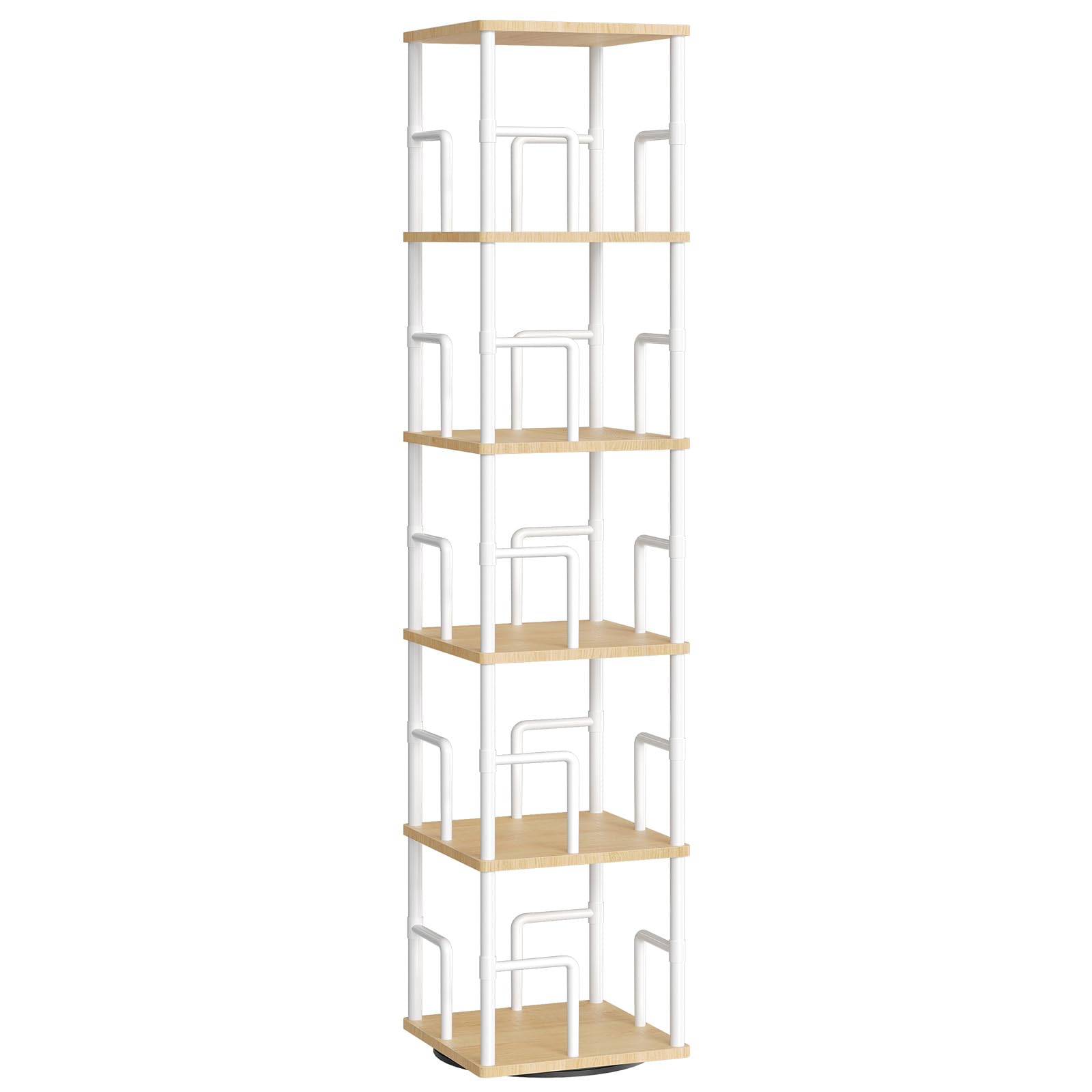 MAHANCRIS Libreria Girevole a 5 Livelli, Scaffale Angolare Indipendente, 360°, Stile Industriale, con Protezioni, per Soggiorno, Camera da Letto, Studio, Ufficio, Bianco ABKBN1601