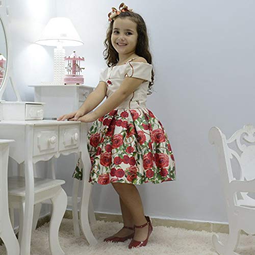 Vestido infantil festa floral bege off com rosas vermelhas