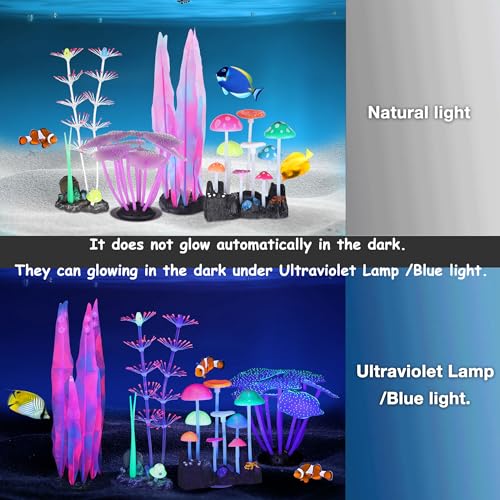 Image of Lpraer 4 Pack Glow Aquarium Decorations Branch Coral Reef Mushroom Seaweed Simulation Glow Plant Glowing Effect Silicone for Fish Tank Decorations