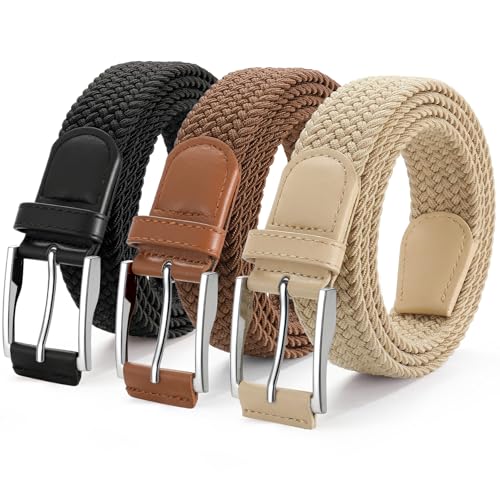 JASGOOD Stretchy Golf Belts for Men 3-Pack Elastic Braided Belt for Golf Pants Jeans 1 3/8 Casual Woven Mens Belt Black/Beige/Brown Belt