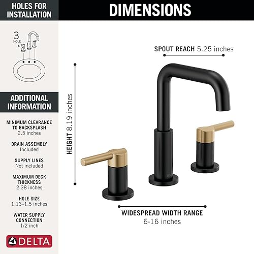 Miniatura 5 de Delta Faucet Nicoli - Grifo de baño generalizado de 3 agujeros, grifo de baño negrodorado, grifo de baño de 2 asas, grifo de lavabo de baño,