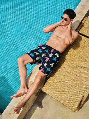 Image of Men's Swim Trunks with Compression Liner, Quick Dry Hawaiian Swimwear Bathing Suit Drawstring Board Shorts