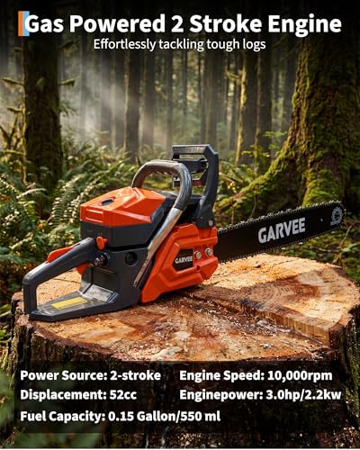 Image of Garvee 52cc Gas Powered Chainsaw, 2-Stroke Engine with Quick Start & Ergonomic Non-Slip Handle for Efficient Wood Cutting, Tree Trimming and Land Clearing- Orange