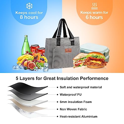 Hshrish Insulated Lunch Bags For Women, Large Leakproof Tote Bag With 2 Pockets, Durable Reusable Grocery Bags For Work Shopping Outdoor Picnic, 14L(Black/White Stripes) #TOP4