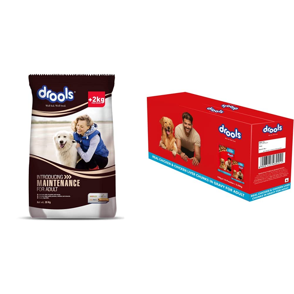 Drools Maintenance Adult Dog Food, 22kg (20kg with 2kg Free Inside)&Drools Adult Wet Dog Food, Real Chicken and Chicken Liver Chunks in Gravy, 15 Pouches (15 x 150g) (B0BP4YSJ7C) Amazon Price History, Amazon Price Tracker