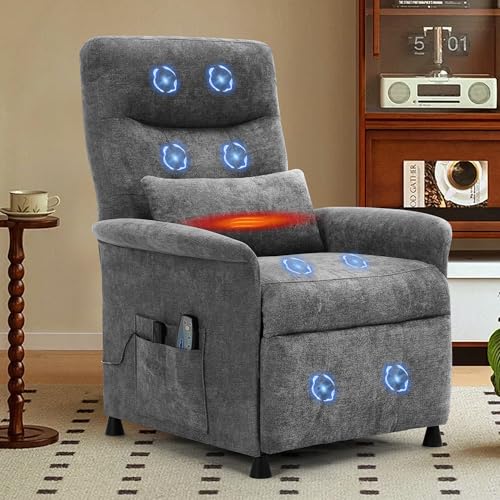 Power Recliner Chair for Adults, Electric Reclining Sofa with Heated Massage and Vibration, Adjustable Recliner with Side Pocket and Remote for Living Room or Home Theater Seating (Gray)