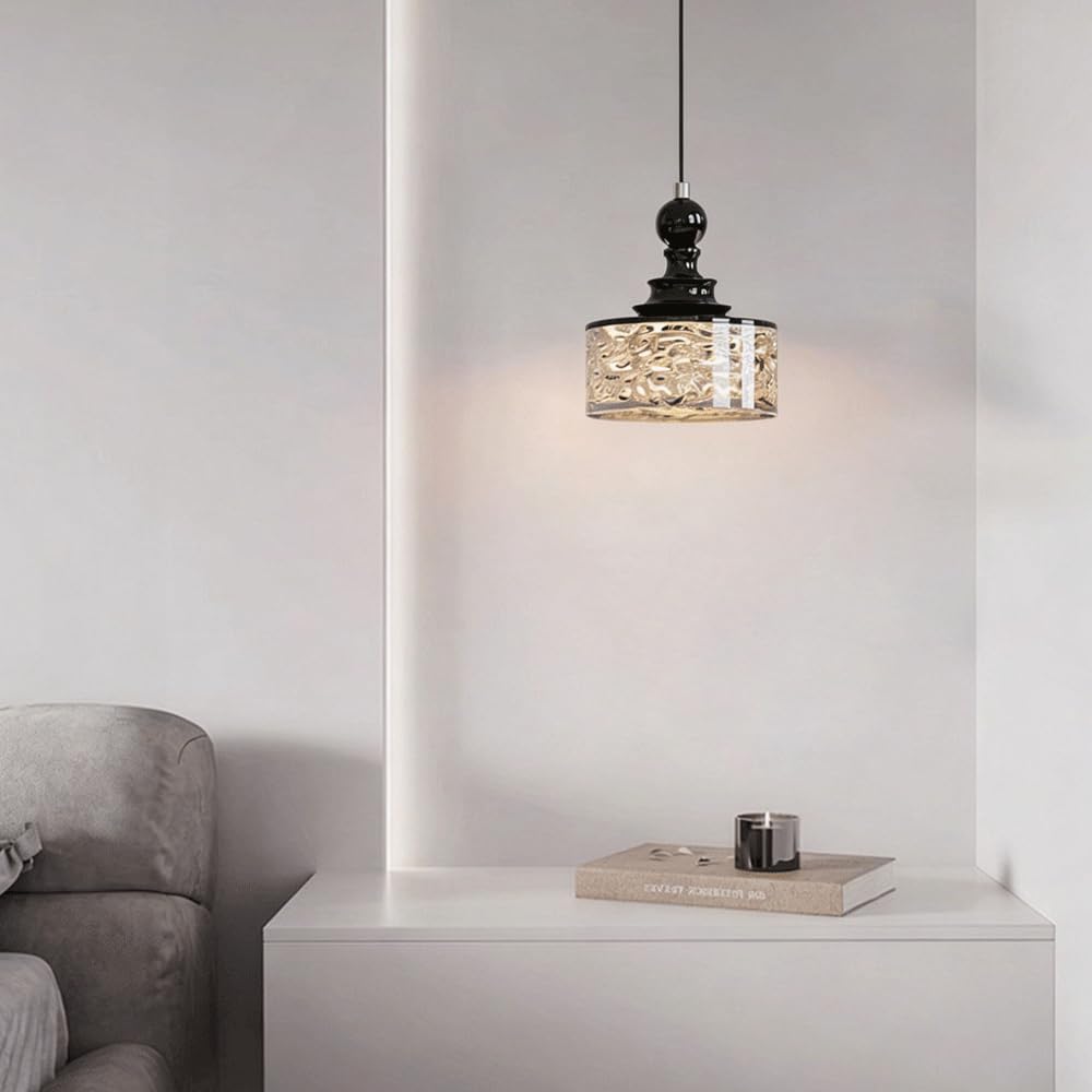 Cylindryczna lampa wisząca z żywicy w stylu Pagoda, francuski żyrandol retro z połowy wieku, żelazna rama z żywicy orzechowej/czarny i przezroczysty, 12 W LED, lampa wisząca do sypialni