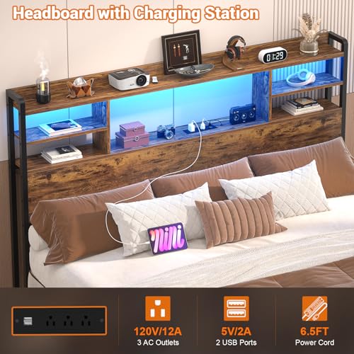 Image of Aheaplus Headboard for Queen Size Bedwith Storage and Outlets, Rustic Brown | Headboards with LED Light, Power Outlets, USB Ports Queen Size Head Board, Wood headboard Only Sturdy and Stable Headboards