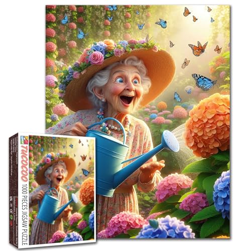 Gartenpuzzle 'Happy Grandma' - skurriles, farbenfrohes 1000-teiliges Puzzle mit Blumen, Schmetterlingen, Gießkanne und herausfordernden Familienspielen
