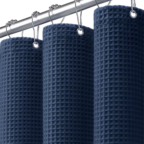 Waffle Weave Shower Curtain Heavyweight Cotton Fabric Navy Blue 72Wx72L