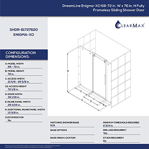 Dreamline Enigma-Xo 68-72 In. W X 76 In. H Fully Frameless Sliding Shower Door In Brushed Stainless Steel, Shdr-61727620-07 #TOP1