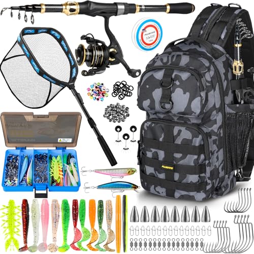 Image of PLUSINNO Fishing Gear-Fishing Rod & Fishing Backpack, Fish Net,Tackle Box | Tackle Backpack Kit With Fishing Pole For Saltwater & Freshwater, Fishing Floating Net, Fishing Lures, Fishing Tackle Bag
