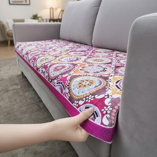 Image of Homerz Premium 7 (3+2+2) Seater Velvet Sofa Panel Cover with Digital Prints | Anti-Slip Backing (Pink Rangoli, 7 (3+2+2) Seater)