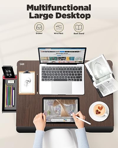 Image of SAIJI Laptop Desk for Bed, XX-Large Foldable Bed Tray Table, 25.6 inch x 19.3 inch | Laptop Table for Eating Breakfast, Writing Working Gaming Drawing with Storage Drawer, Bookstand, Tablet Stand, Black Cherry