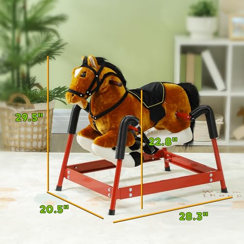 Qaba Spring Rocking Horse, Kids Ride on Horse, Plush Horse Ride-on with Sounds & Foot Stirrups, Saddle for Kids 3-8 Years, Brown
