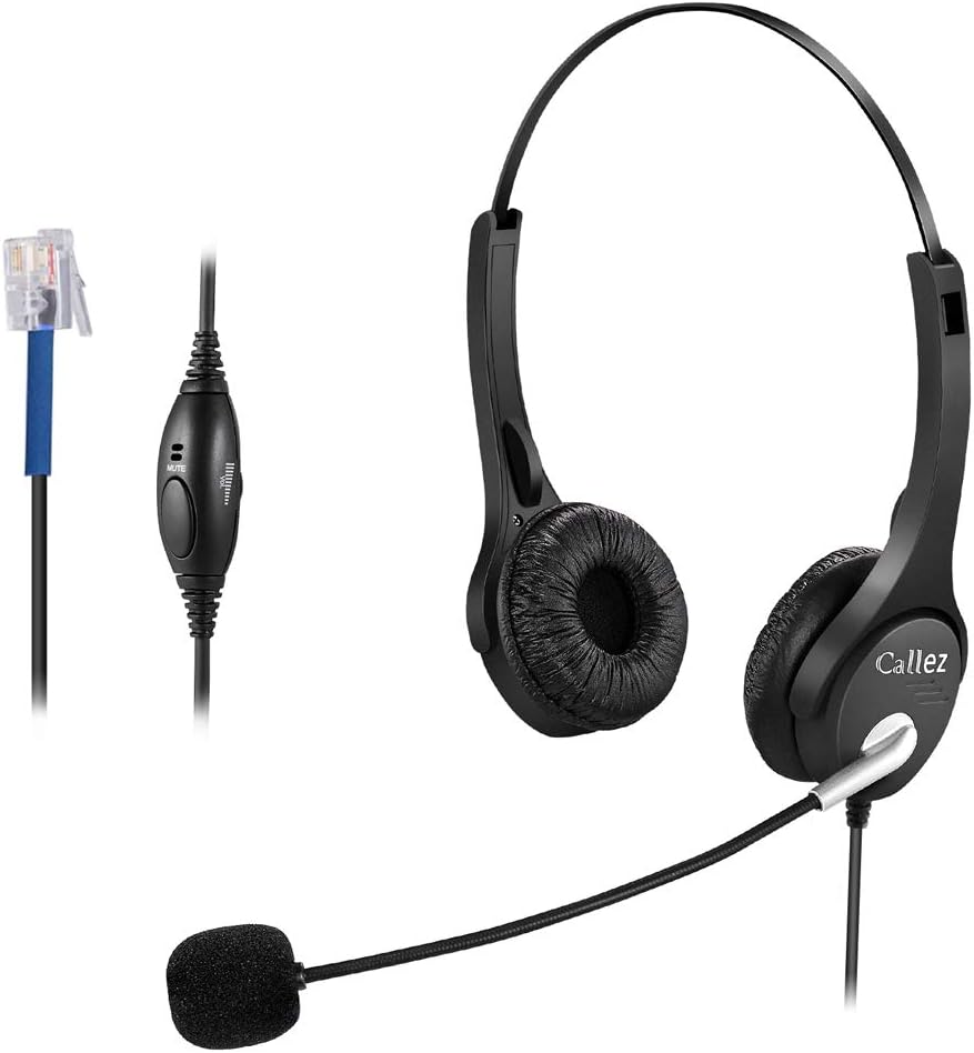Callez C402C1 Corded Telephone Headset Binaural, Call Center RJ11 Headphones with Noise Canceling Mic, Compatible for Plantronics M10 M12 M22 MX10 Amplifiers or Cisco 7940 7942 7971 Office IP Phones