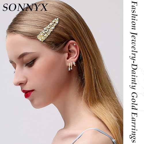 SONNYX 3-4 Pairs Dainty Gold Earrings Set for Women Sensitive Ears -Hypoallergenic 14K Gold Earring Sets for Multiple Piercing- Dangle Huggie Hoop Cartilage Stud Earrings Stacks4