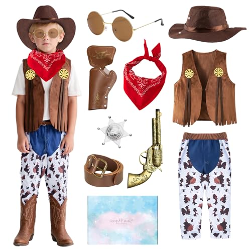 TOSZOLY Deguisement Cowboy Enfant, Western Gilet Costume Enfant Garcon avec Bandana, Jouet Pistolets, Chapeau, Déguisement Costume Cowboy pour Halloween Carnival...