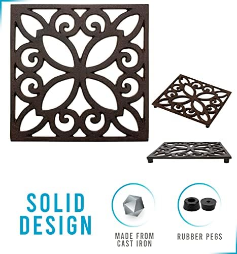 Comfify Decorative Cast Iron Trivet For Kitchen Or Dining Table | Square with Vintage Pattern -With Rubber Pegs/Feet - Recycled Metal - Vintage, Rustic Design - Rust Brown Color