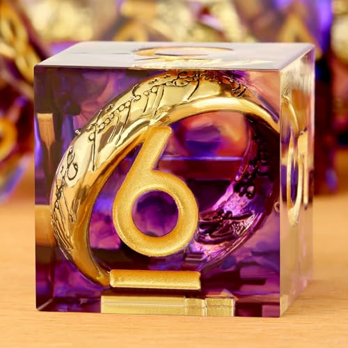 DNDND Purple Swirl Sharp Edge DND Dice Set 7-Piece – Filigree Resin RPG Dice with Golden Ring Inside for Dungeons & Dragons,– Mystical Gift with Dragon Case