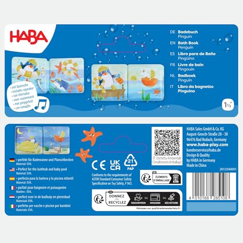 HABA Badebuch Pinguin – Wasserspaß für Babys ab 6 Monaten – Mit Quietsche-Effekt & bunten Illustrationen – Spritzfestes Spielzeug für Badewanne – 2012340001