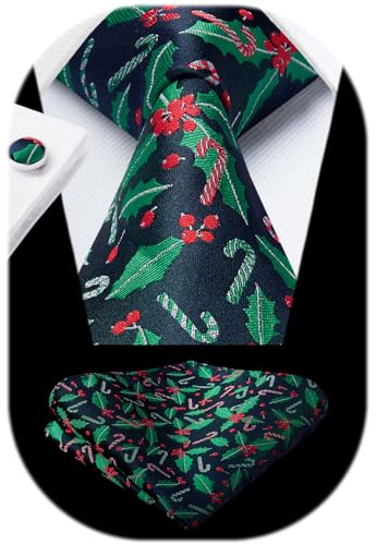Image of HISDERN Christmas Ties for Men Holiday Tie and Pocket Square Cufflinks Festival Party Xmas Funny Silk Woven Necktie