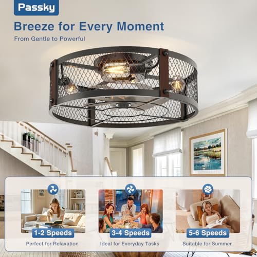 Image of Passky 20 inch Farmhouse Flush Mount Ceiling Fans with Lights and Remote, Industrial Black Caged Low Profile Fandelier, 6 Speeds Bladeless Ceiling Fan for Bedroom, Kitchen, Living Room