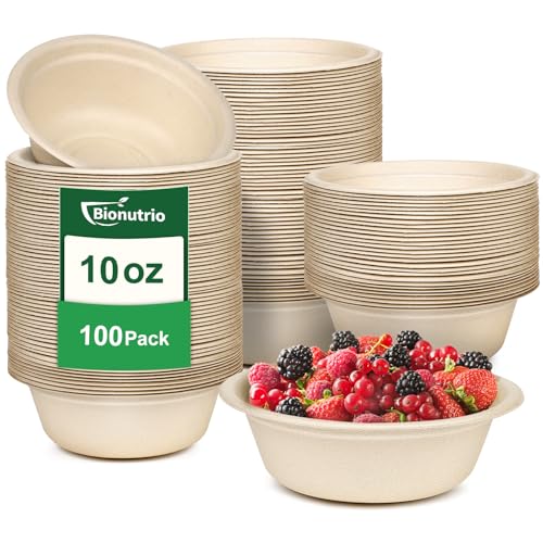Paper Bowls 10 oz, 100 Pack Small Disposable Bowls, Heavy Duty Paper Bowls for Hot Soup, Salad, Dessert, 100% Compostable Biodegradable Microwavable Safe