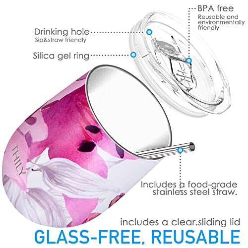 Thily Stainless Steel Insulated Wine Tumbler Stemless Wine Glass With Lid And Straw, Splash-Proof, Cute Travel Cup For Coffee, Cocktails, Gifts For Women, Her, Wife, Lotus Flower #TOP2