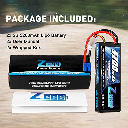 Zeee 7.4V 2S 5200Mah Lipo Battery 50C Hard Case Battery With Ec3 Plug Compatible With 1/8 1/10 Rc Vehicles Car Slash Rc Buggy Truggy Rc Airplane Uav Drone(2 Pack) #TOP6