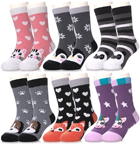 Sdbing Kids Fuzzy Socks With Grips Boys Girls Fuzzy Slipper Socks With Grips Soft Warm Winter Non Slip Socks For Toddler Kids 6 Pairs (8-12 Years, 6 Pairs Cute Animal) #TOP9