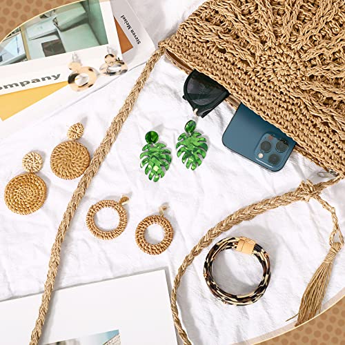 Vacation Purse Set Boho Straw Shoulder Bag Women Crossbody Beach Purse with 4 Rattan Tropical Earrings Leopard Bracelet4