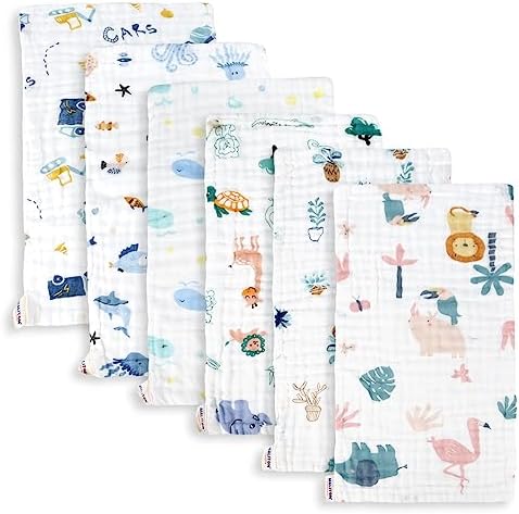 Maliton 6 Stück Baby Spucktücher für Jungen/Mädchen,aus 100% Baumwollem,weich, langlebig, luftdurchlässig und extrem saugstark (Zoo-Muster),50x25cm