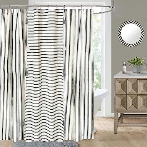 Dosly Idées Gray And Beige Stripe Patchwork Cotton Fabric Tassel Shower Curtain For Bathroom,Farmhouse,Country Rustic And Cute Style,72 X 84 In #TOP12