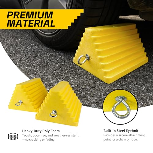 Image of MaxxHaul 51169 Polyfoam Wheel Chocks with Steel Eyebolt - 2-Pack - 10″ x 8″ x 6″ Heavy-Duty Structural Foam - Bright Yellow - Vehicle & Trailer Safety for Cars, Trucks, RVs, Boats, ATVs