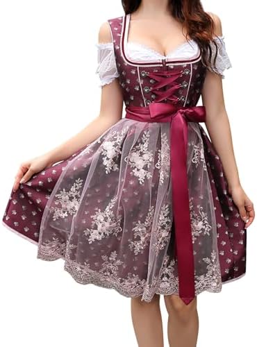 YesFashion Dirndl Damen Midi 3 Teilig Dirndl-komplettsets Oktoberfest Damen Outfit Dirndlkleid Dirndlbluse Dirndlschürze Trachtenmode