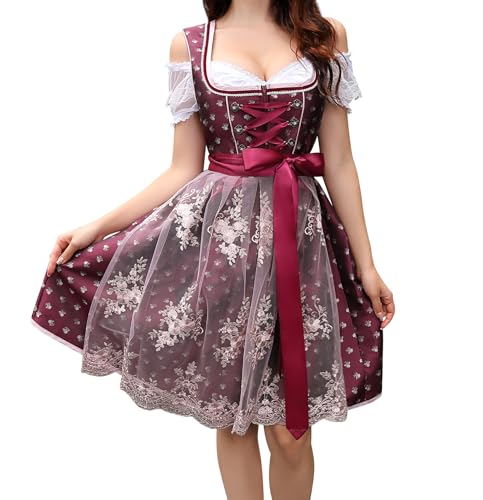 YesFashion Dirndl Damen Midi 3 Teilig Dirndl-komplettsets Oktoberfest Damen Outfit Dirndlkleid Dirndlbluse Dirndlschürze Trachtenmode(Rot,42)