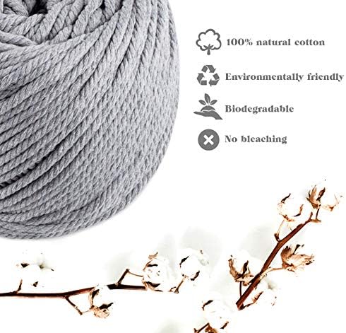 Anstore Macrame Cord, 4mm x 328 ft Twisted Soft Unstained Cotton Rope for Handmade Plant Hanger, Wall Hanging Craft Making, Crafts, Knitting, Decorative Projects(Light Gray)