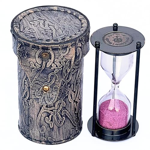 Antique Brass Hourglass with Engraved Grey Leather Case Vintage 3.5 Inch Sand Timer for Home Office Desk Shelf Decor Portable Collectible